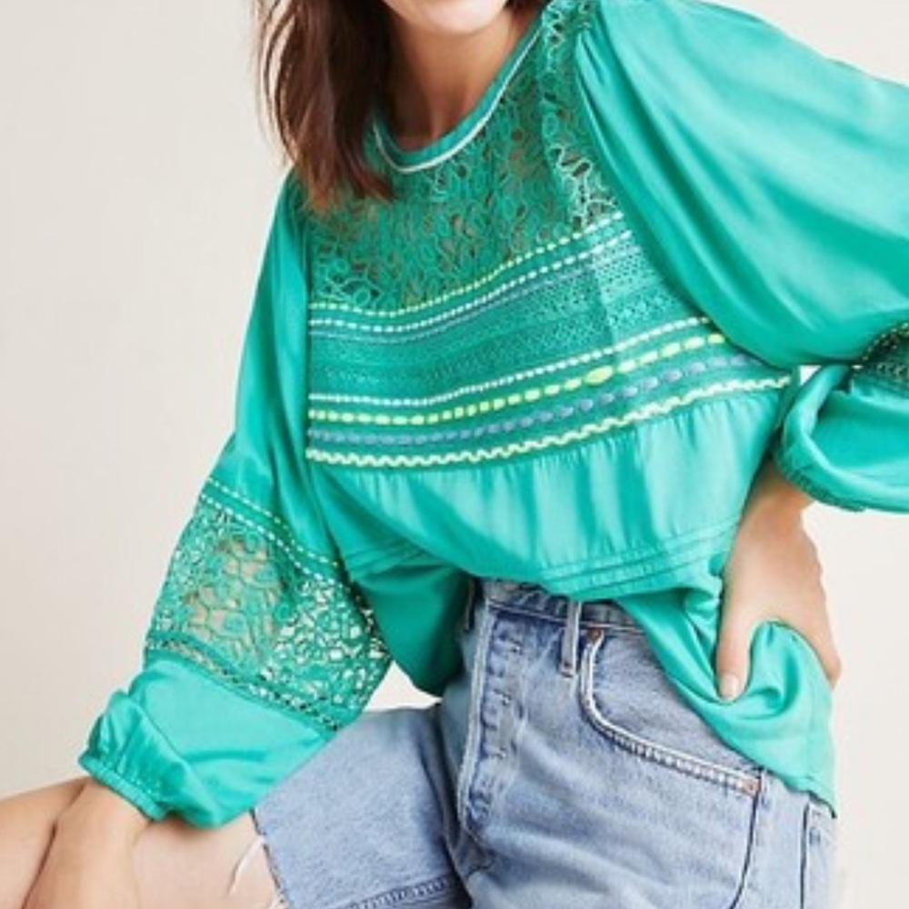 Anthropologie Small Blank London Green Sunshine Floral Peasant Blouse R3